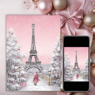 Eiffel Tower, Santa, Paris Chic Pink Christmas Holiday Card