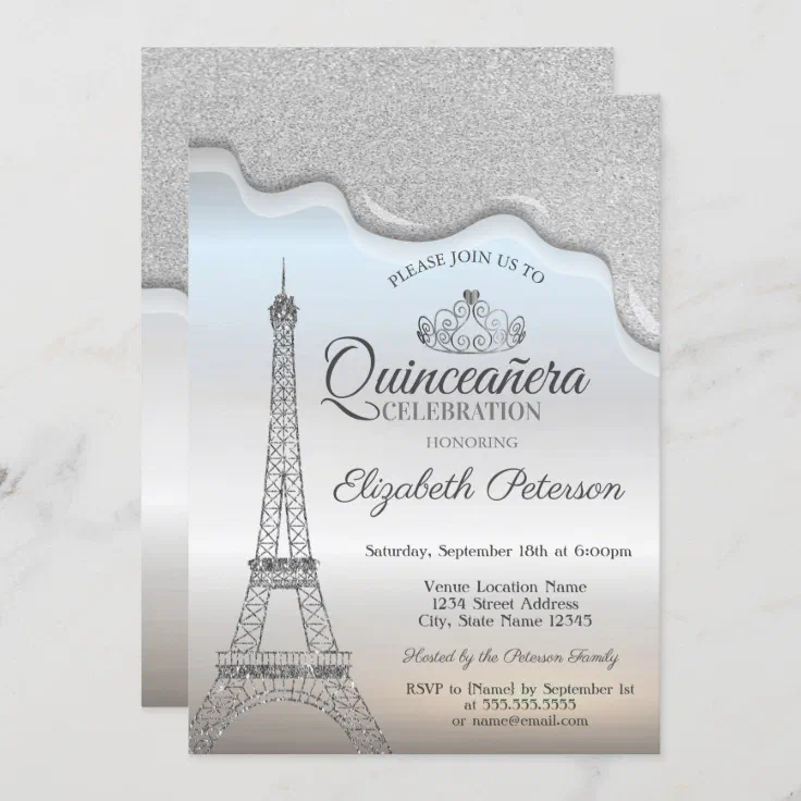 Eiffel Tower,Silver Drips Quinceañera Invitation Zazzle