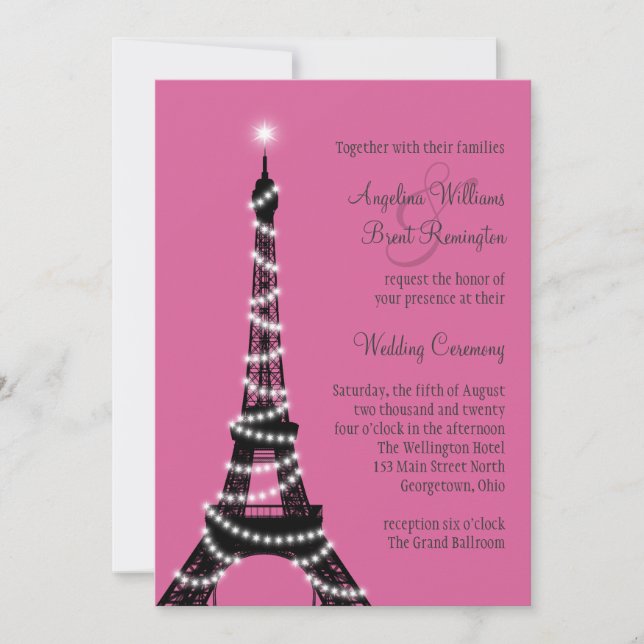 Eiffel Tower Sparkles Wedding Invitation (fuchsia) (Front)