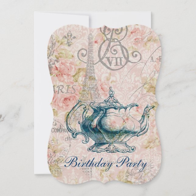 eiffel tower tea pot  vintage birthday party invitation (Front)
