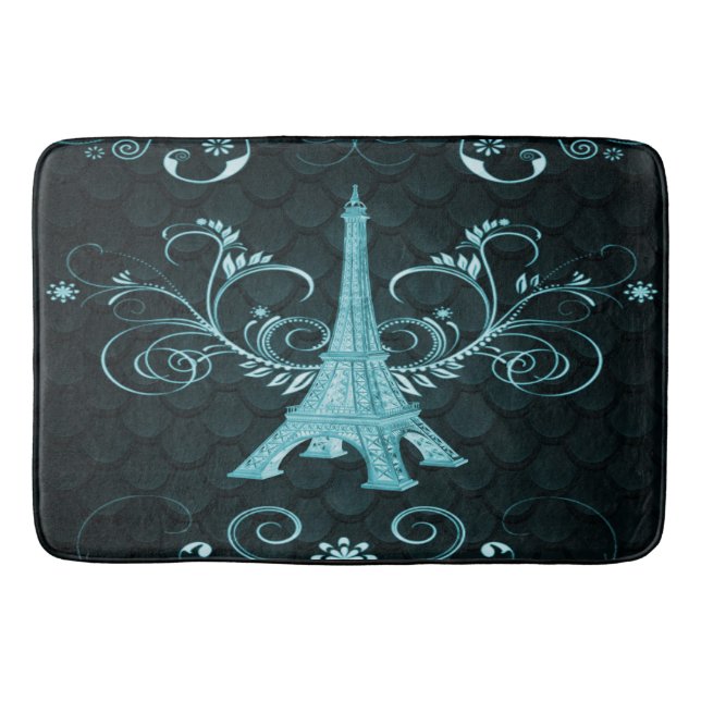 Eiffel Tower Teal Floral Swirls Bath Mat (Front)