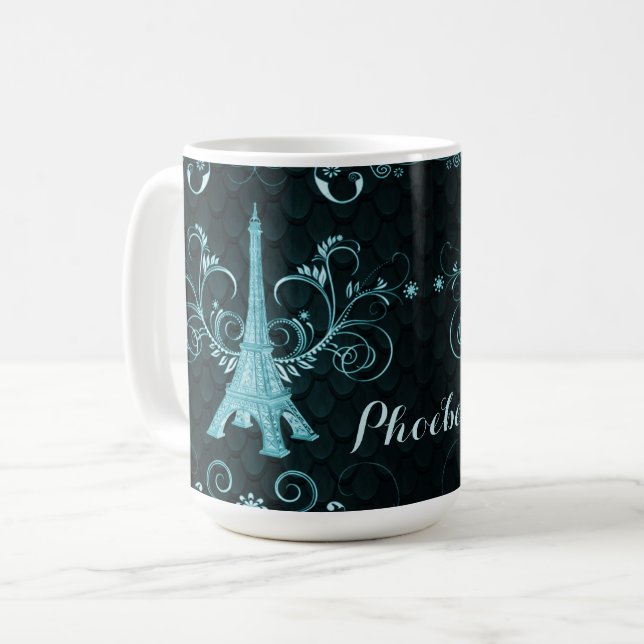 Eiffel Tower Teal Floral Swirls Coffee Mug (Front Left)