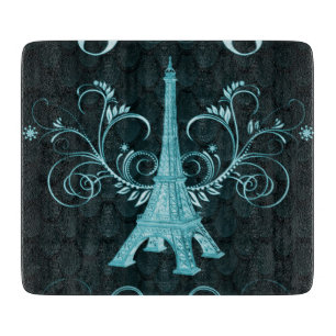 Eiffel Tower Teal Floral Swirls Cutting Board