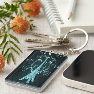 Eiffel Tower Teal Floral Swirls Keychain