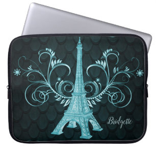 Eiffel Tower Teal Floral Swirls Laptop Sleeve