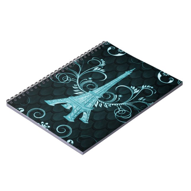 Eiffel Tower Teal Floral Swirls Notebook (Left Side)
