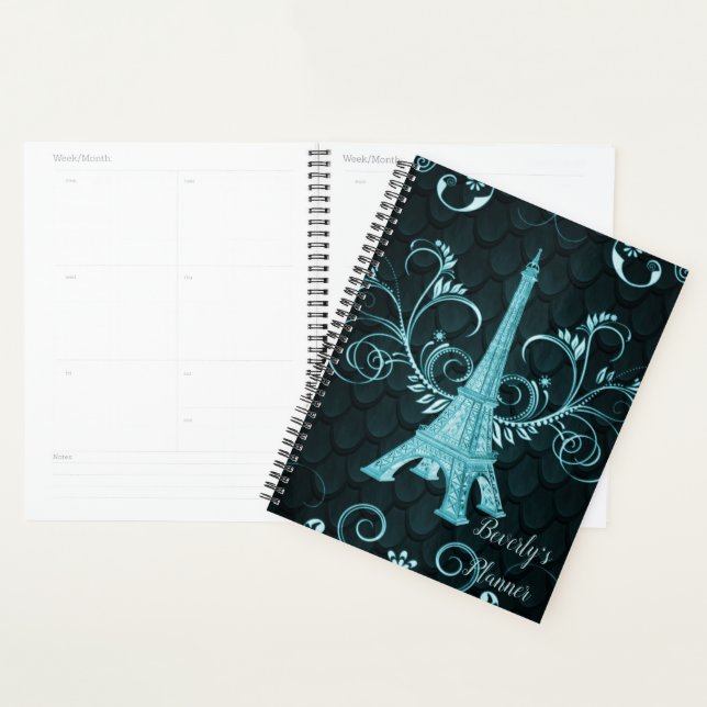 Eiffel Tower Teal Floral Swirls Planner (Display)