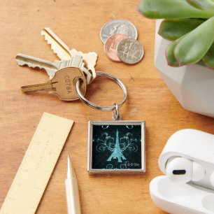 Eiffel Tower Teal Floral Swirls Square Keychain
