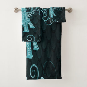 Eiffel Tower Teal Floral Swirls Towel Set