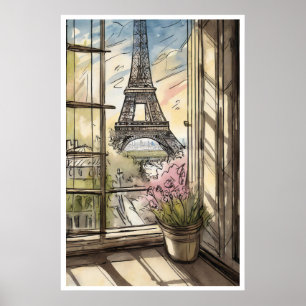 Eiffel Tower through a Window Poster