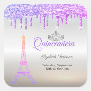 Eiffel Tower,Tiara,Drips Silver Quinceañera Square Sticker