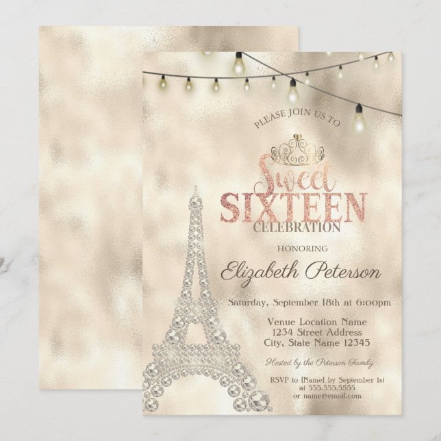  Eiffel Tower,Tiara Gold Lights Sweet 16 Invitation (Front/Back)