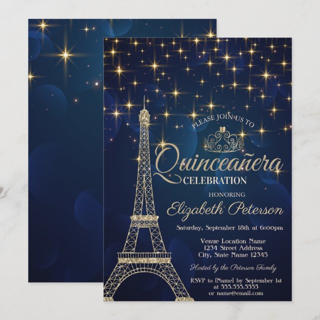 Eiffel Tower,Tiara,Stars Navy Blue Quinceañera Invitation (Front/Back)