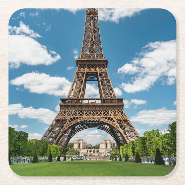 Eiffel Tower View from Champ de Mars Public Park Square Paper Coaster (Front)