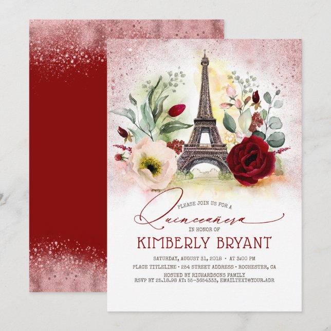 Eiffel Tower Vintage Paris Pink Gold Quinceañera Invitation (Front/Back)