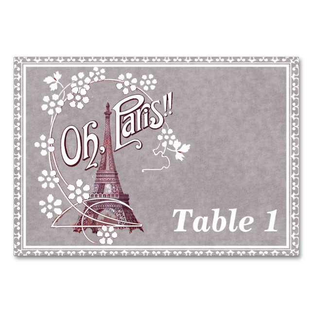 Eiffel Tower White Daisy Flowers Fancy Border Grey Table Number (Front)