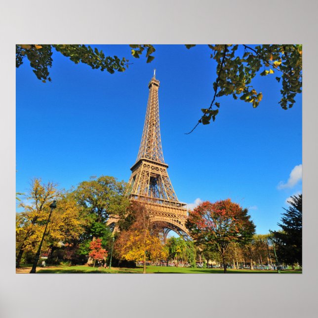 Eiffel Tower with autumn trees and leaves Poster (Front)