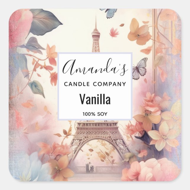 Eiffel Tower with Flowers Candle Business Square Sticker (Front)