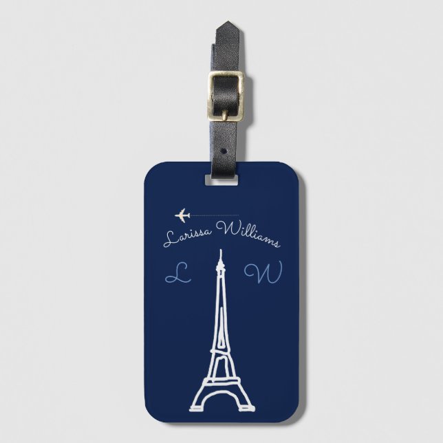 Eiffel Tower with name & initials travel Luggage Tag (Front Vertical)