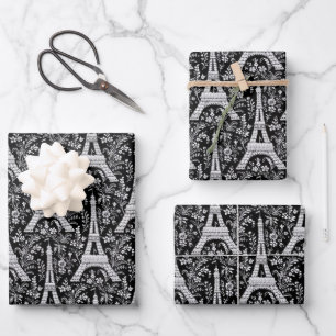 Eiffel Towers and Flowers Black Wrapping Paper Sheet
