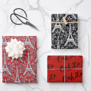 Eiffel Towers and Flowers Red and Black Wrapping Paper Sheet
