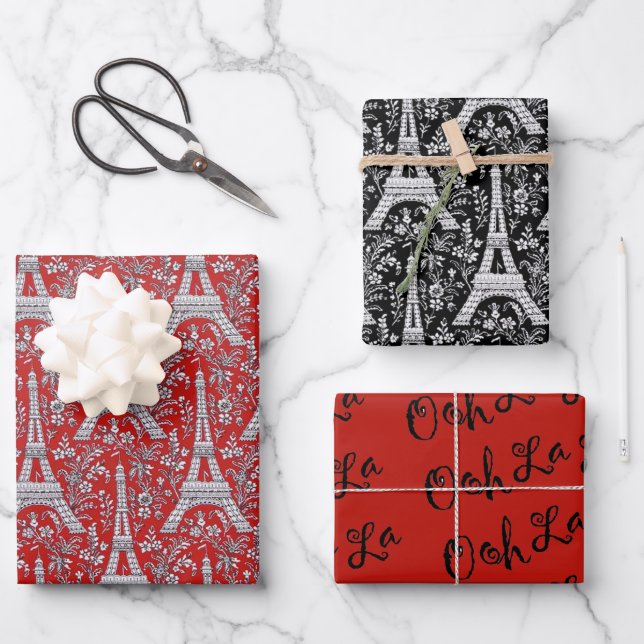 Eiffel Towers and Flowers Red and Black Wrapping Paper Sheet (Front)