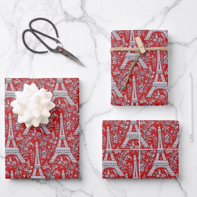 Eiffel Towers and Flowers Red Wrapping Paper Sheet (Front)