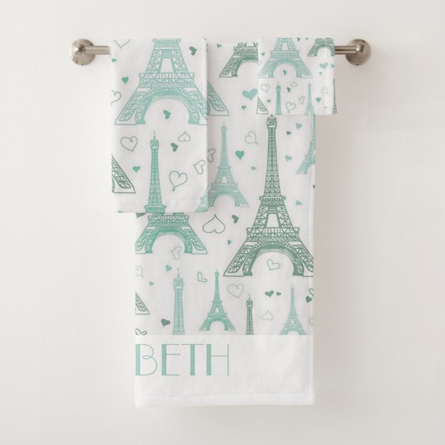 Eiffel Towers and hearts personalised Bath Towel Set (Insitu)