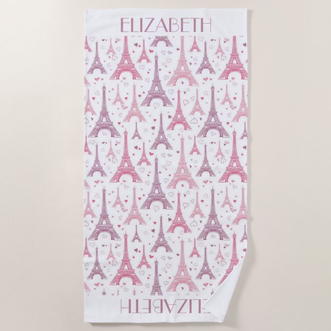 Eiffel Towers and hearts personalised Beach Towel (Front)