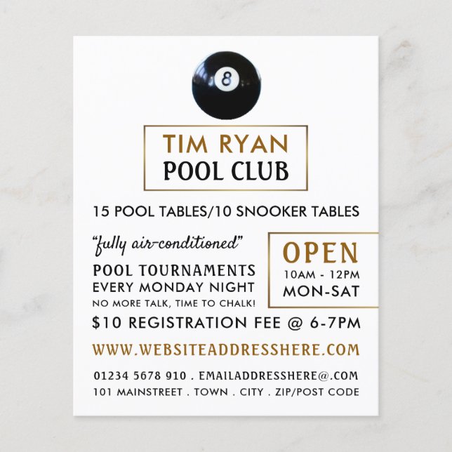 Eight Ball, Pool Club, Snooker Club Advertising Flyer (Front)