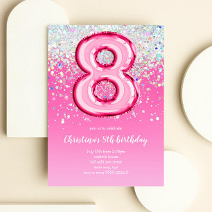 Eight Balloon Glitter 8th Birthday Party Invitation