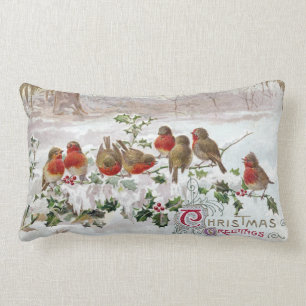 Eight English Robins on Holly Vintage Christmas Lumbar Cushion