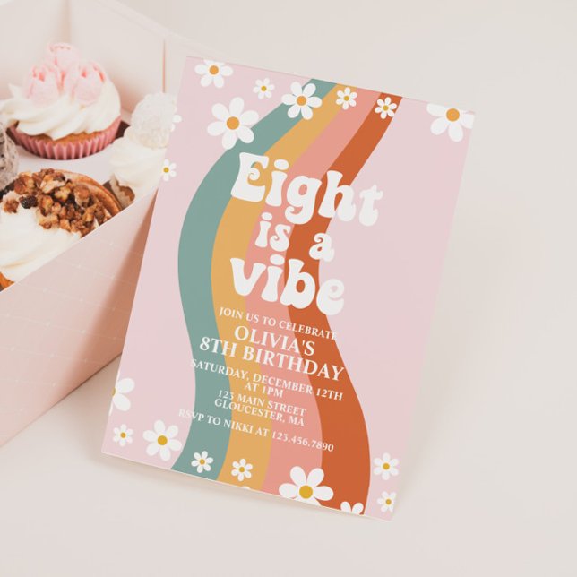 Eight is a Vibe groovy daisy rainbow 8th birthday Invitation (Creator Uploaded)