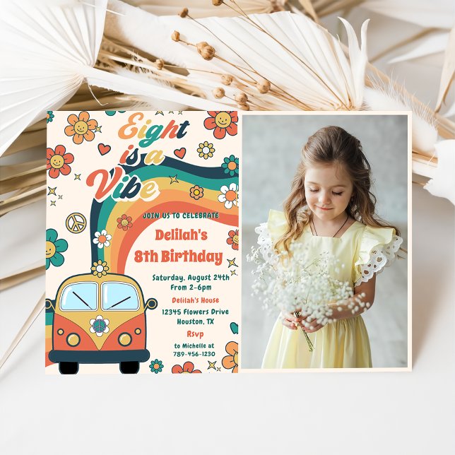 Eight Is A Vibe Groovy Retro Floral 8th Birthday Invitation (Creator Uploaded)