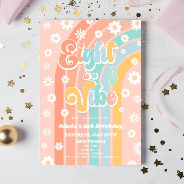Eight Is A Vibe Rainbow Daisy 8th Birthday Party Invitation (Creator Uploaded)
