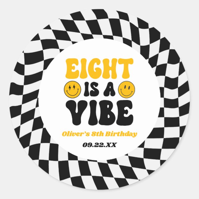 Eight Is A Vibe Retro Eighth 8th Birthday Party Classic Round Sticker (Front)