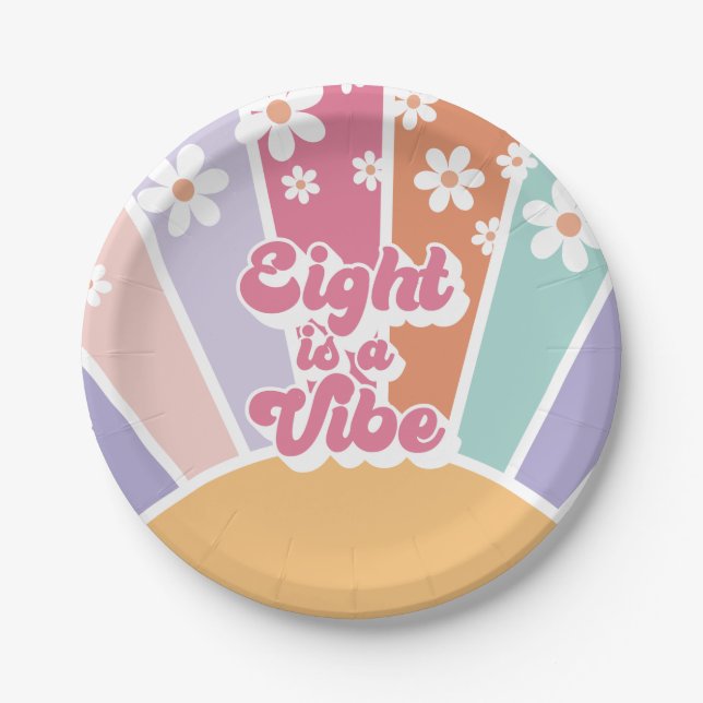 Eight is a Vibe Retro Sunshine Rainbow Daisy Paper Plate (Front)