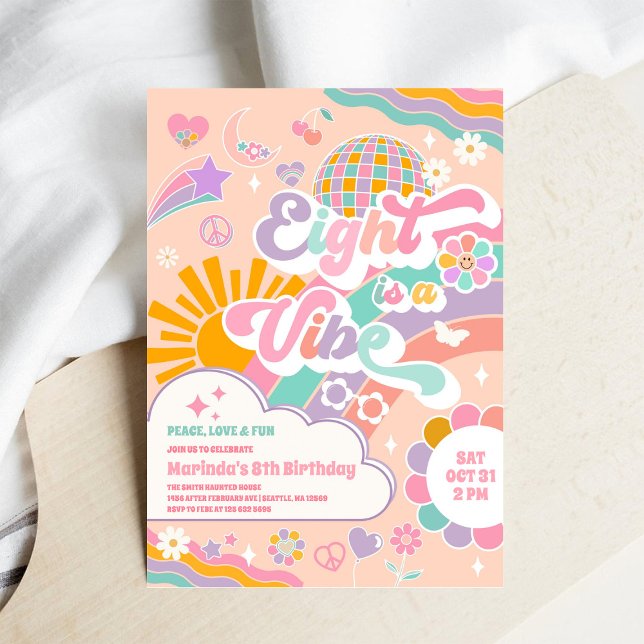 Eight Is A Vibe Sun Rainbow Disco 8th Birthday  Invitation (Creator Uploaded)