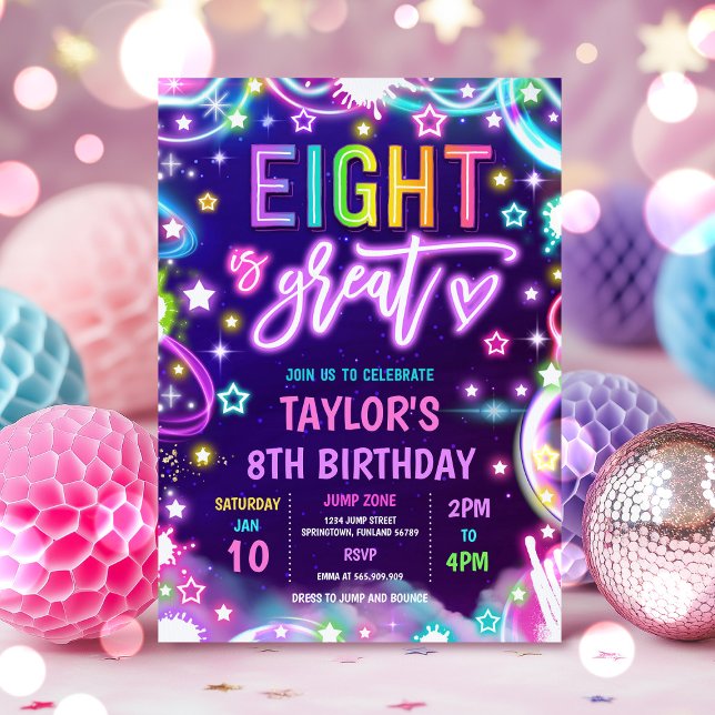 Eight Is Great Neon Glow 8th Birthday Party Invitation (Creator Uploaded)