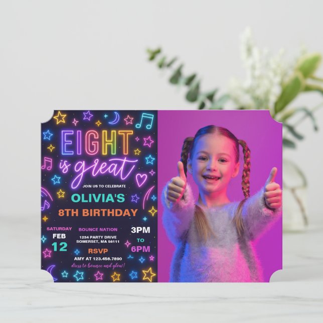 Eight Is Great Neon Glow 8th Birthday Party Photo Invitation (Standing Front)
