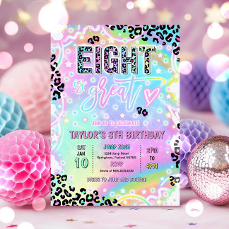 Eight Is Great Rainbow Leopard Print 8th Birthday Invitation