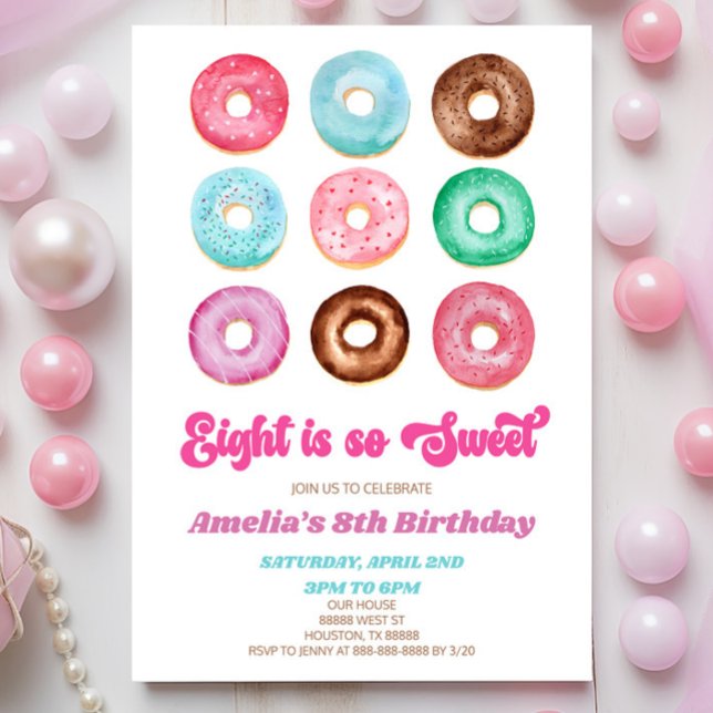 Eight Is So Sweet Doughnut 8th Birthday Party Invitation (Creator Uploaded)