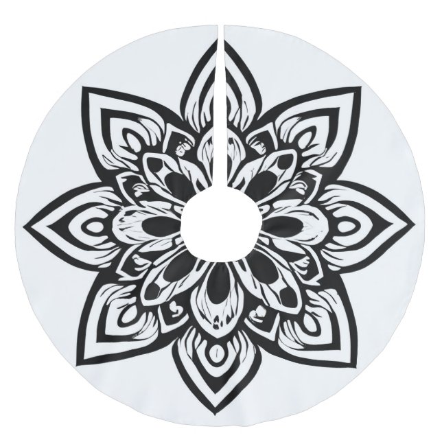 Eight Point Black and White Star Flower Mandala Brushed Polyester Tree Skirt (Front)