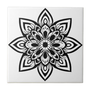 Eight Point Black and White Star Flower Mandala Ceramic Tile