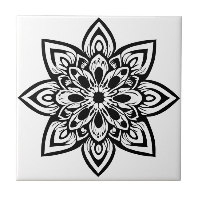 Eight Point Black and White Star Flower Mandala Ceramic Tile (Front)