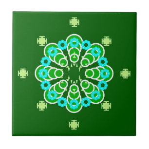 Eight point Mandala, Dark Jade Green and Aqua Ceramic Tile