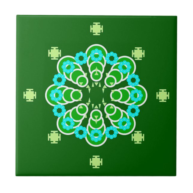 Eight point Mandala, Dark Jade Green and Aqua Ceramic Tile (Front)