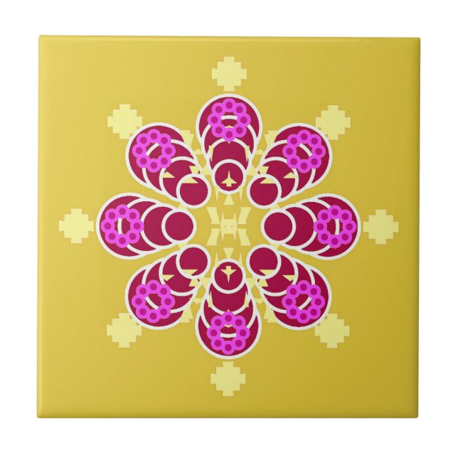 Eight point Mandala, Mustard Gold and Purple Ceramic Tile (Front)