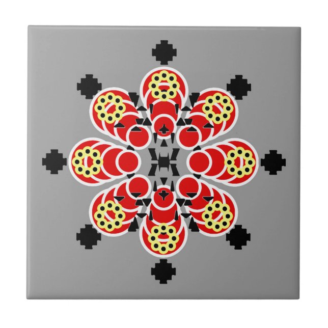 Eight point Mandala, Rred, Grey and Black Ceramic Tile (Front)
