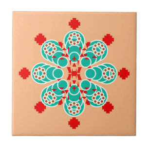Eight point Mandala, Turquoise and Peach Ceramic Tile